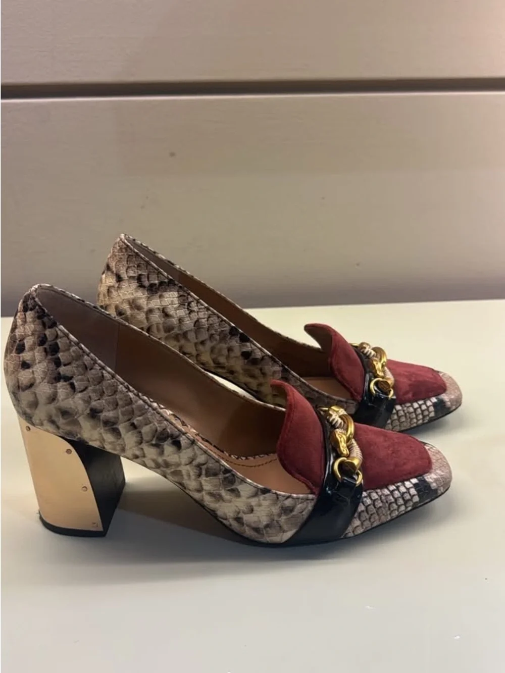 Tory Burch Burgundy Suede & Snakeskin Trim Loafers with Gold Chain